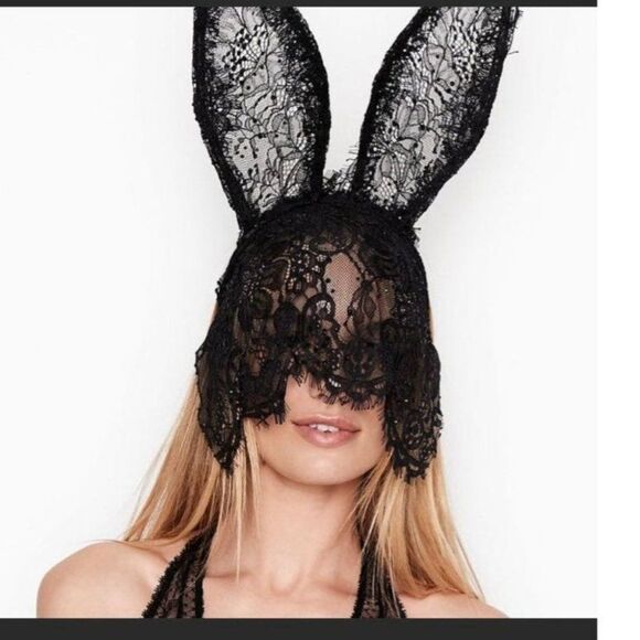 VS LACE BUNNY EARS Black Lace Crystal Costume Headband Halloween NEW
